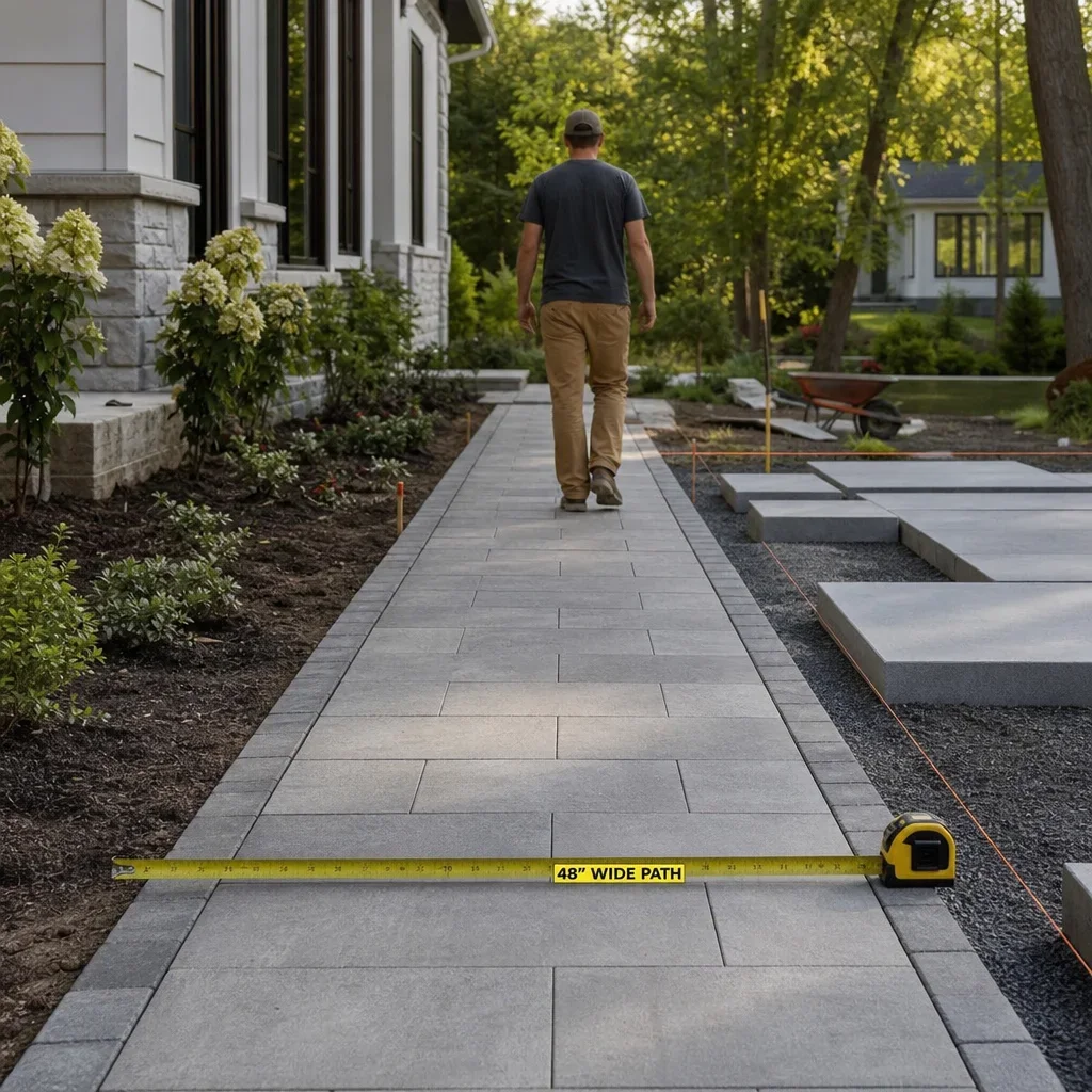 paver walkway design ideas: front, backyard, steps & modern styles a residential paver walkway showing width scale and the effect of larger pavers.