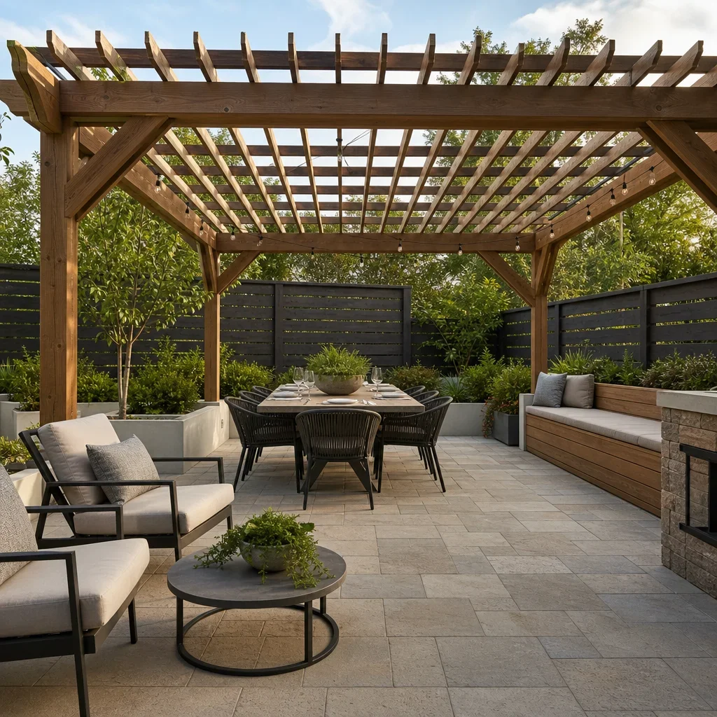 paver patio with pergola ideas: 21 layouts, costs & design tips a pergola with dining, lounge seating, planters, and built-in bench areas.