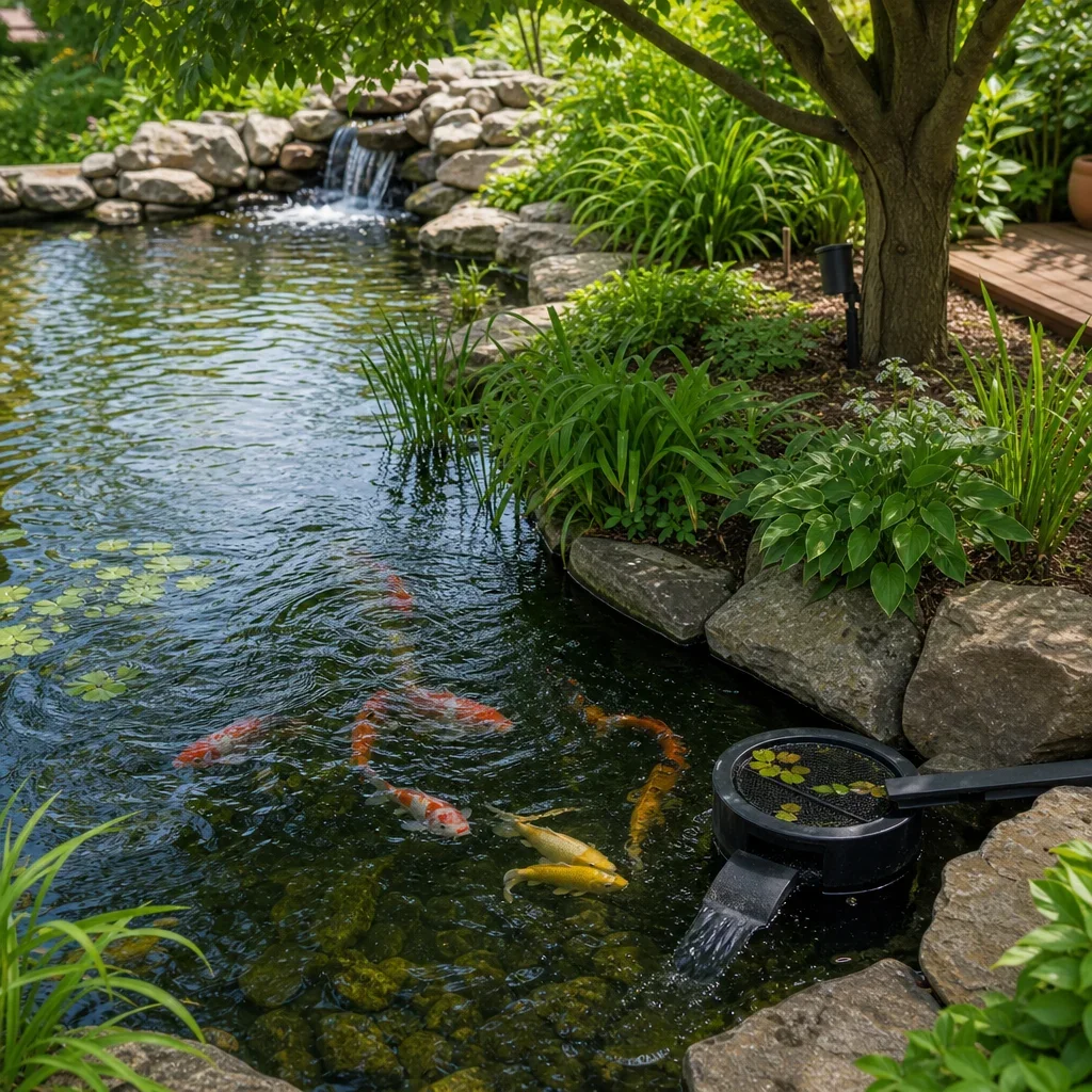 backyard fish pond design: depth, filtration, costs & gta planning a healthy pond that reduces algae and mosquitoes through circulation and planting.