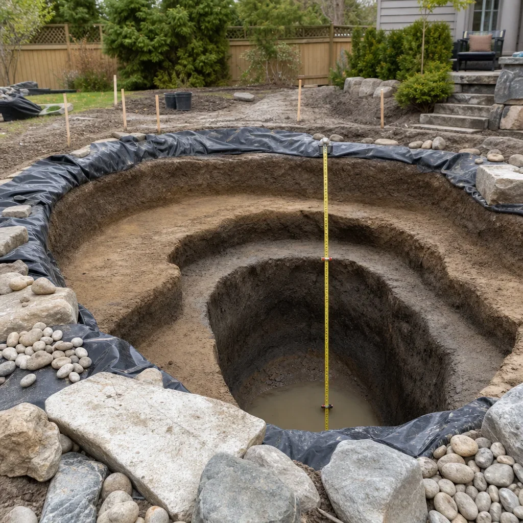 backyard fish pond design: depth, filtration, costs & gta planning a pond excavation with shallow shelves and a deeper winter refuge zone.