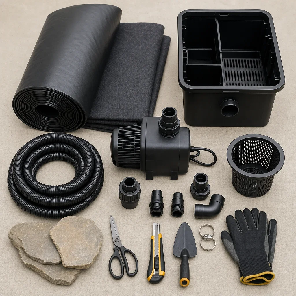 backyard fish pond design: depth, filtration, costs & gta planning a flat lay of the main materials and equipment needed to build a backyard fish pond.