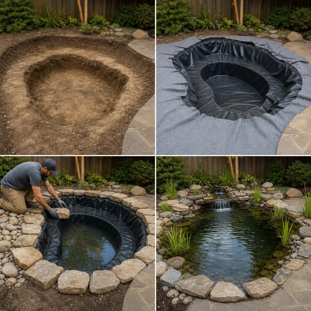 backyard fish pond design: depth, filtration, costs & gta planning a backyard pond being built through excavation, liner installation, edging, and filling.