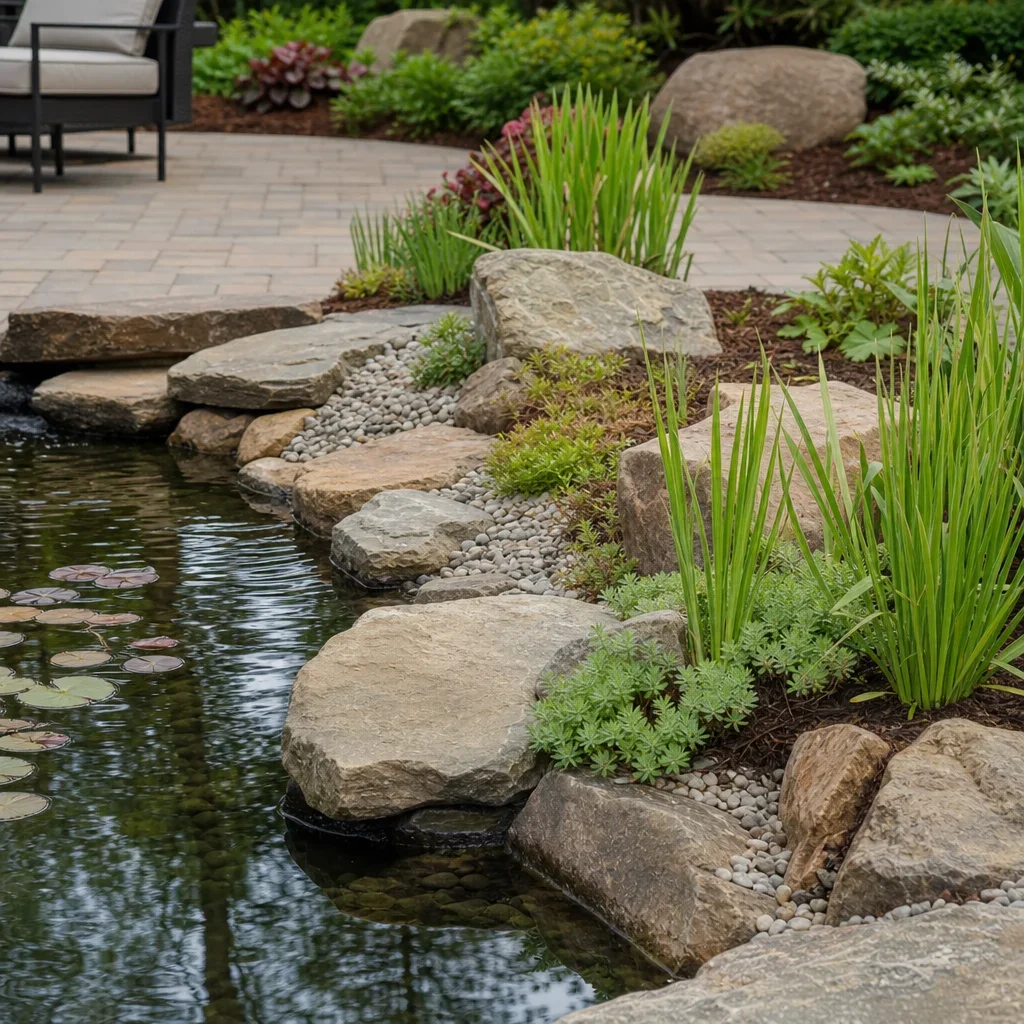 backyard fish pond design: depth, filtration, costs & gta planning a close-up of a pond edge finished with stone and gravel so the liner is hidden.