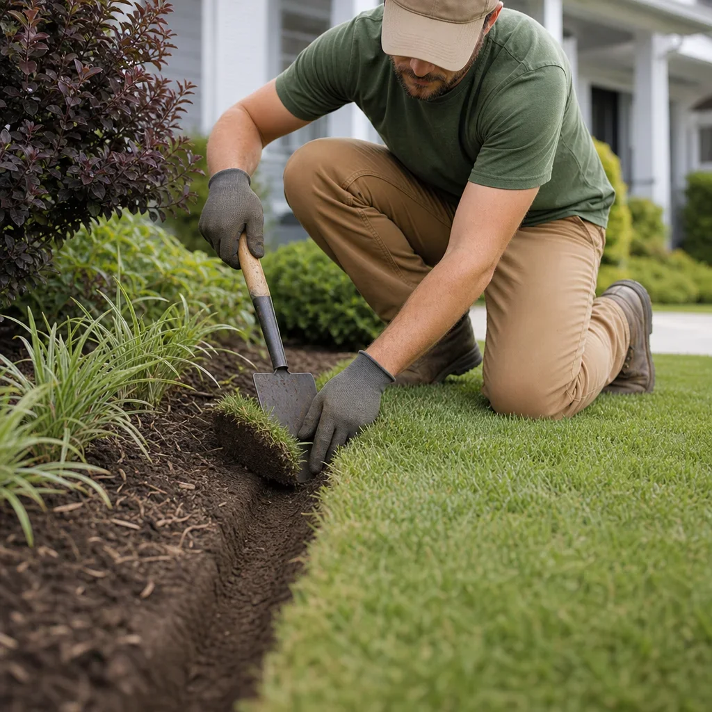 house border landscaping: best ideas, edging & layout guide a landscaper cutting a crisp lawn edge beside a garden bed.