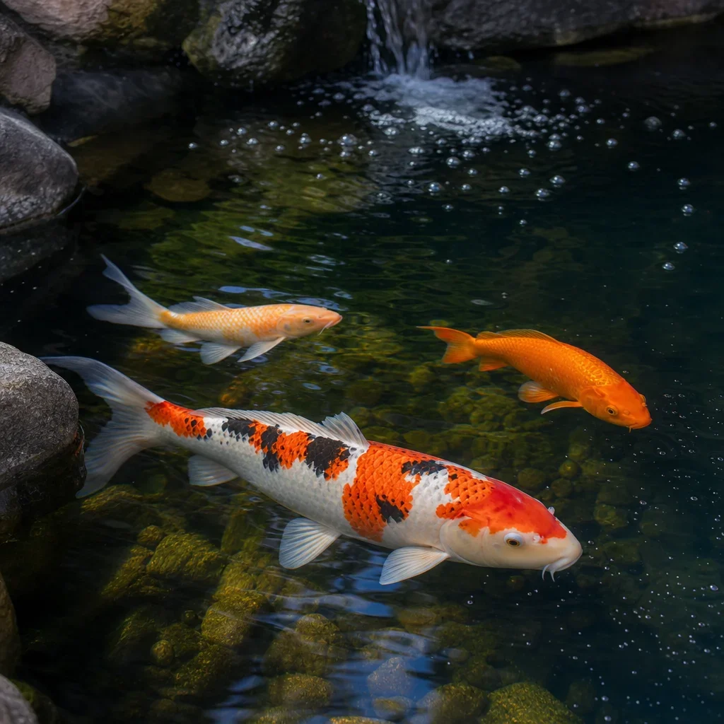 backyard fish pond design: depth, filtration, costs & gta planning goldfish and koi swimming in a healthy backyard pond with winter-ready depth.