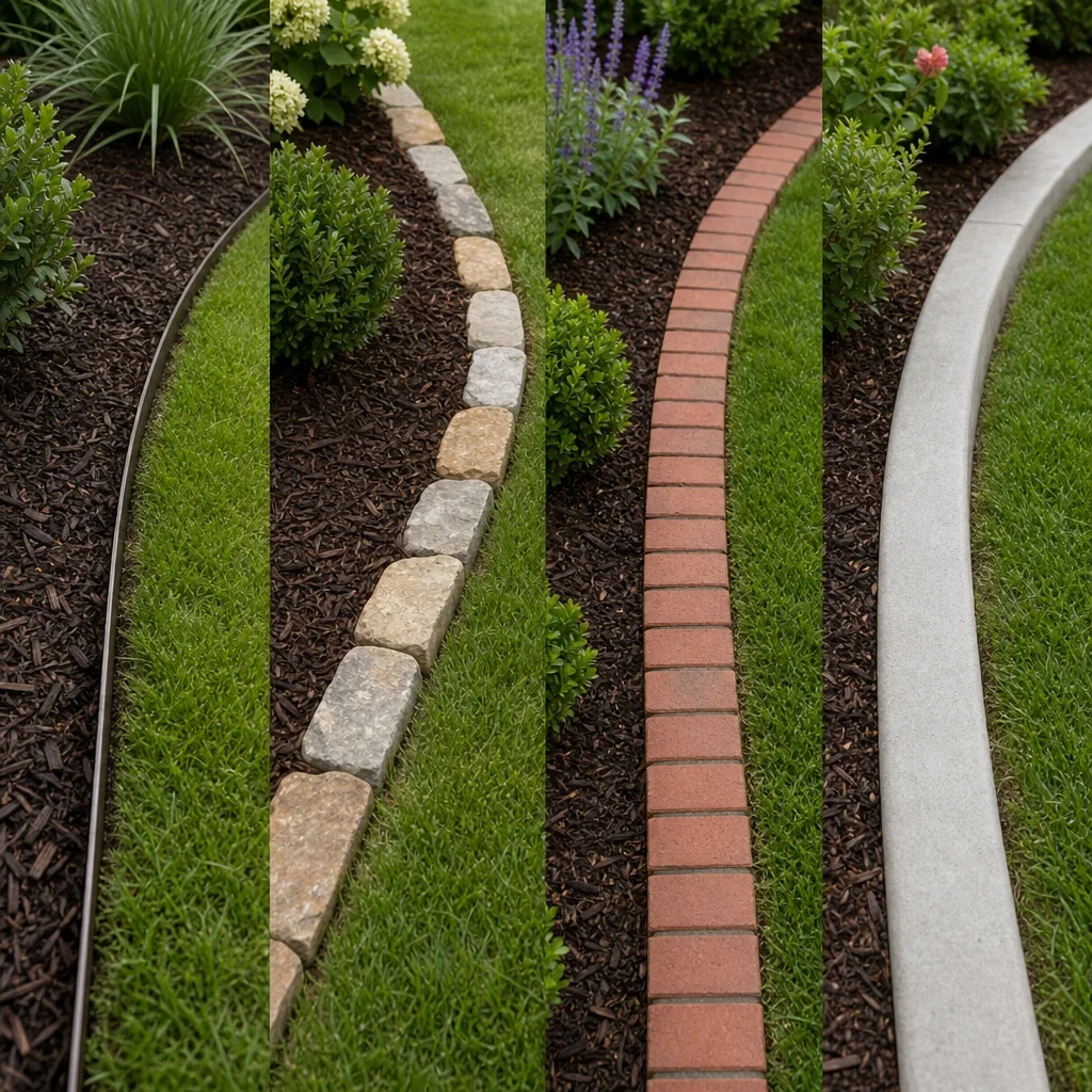 house border landscaping: best ideas, edging & layout guide comparison of steel, stone, brick, and concrete edging in a landscaped yard.