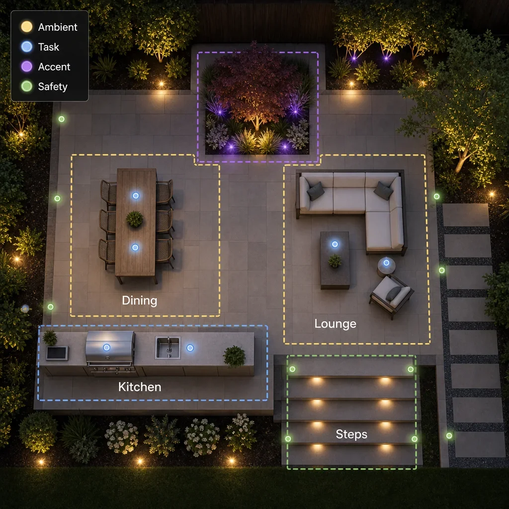 backyard patio lighting ideas: 25 designer setups for gta homes a simple zone diagram showing ambient, task, accent, and safety lighting on a patio.