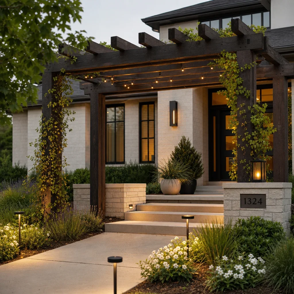 front yard pergola ideas: best designs for porches, entries & small yards a front pergola integrated with planting, walkway lighting, and landscaping.