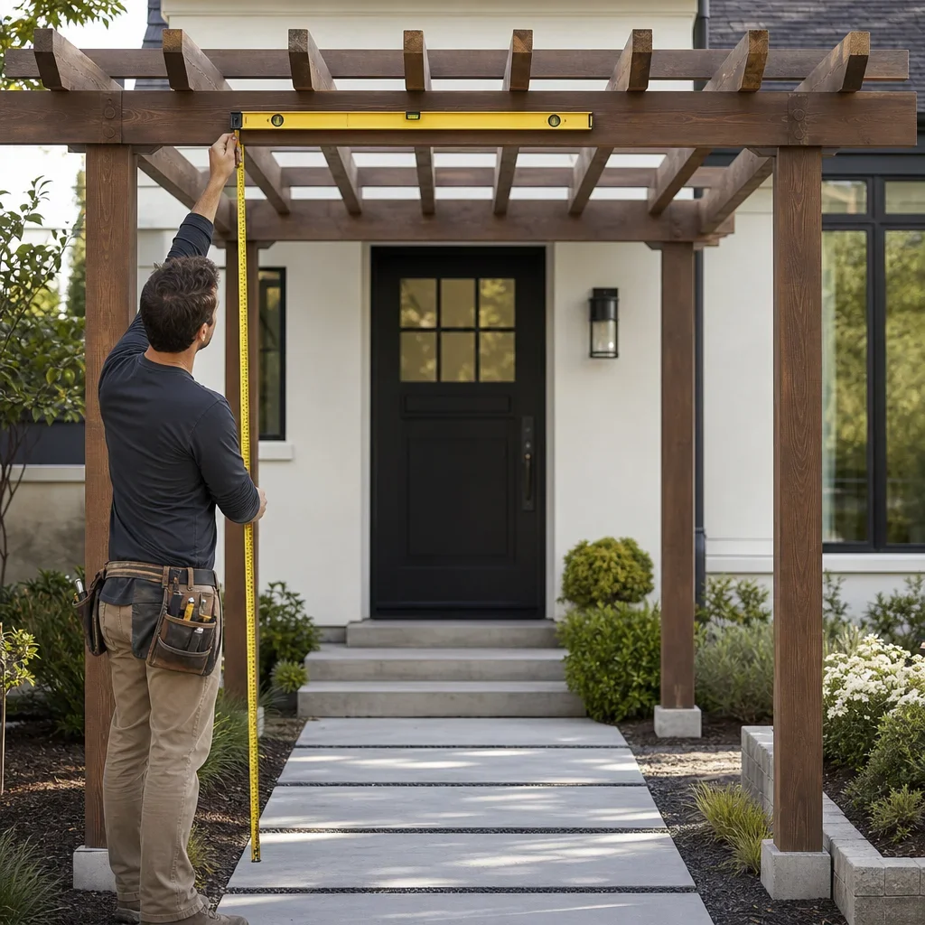 front yard pergola ideas: best designs for porches, entries & small yards a front pergola layout being measured for proportion and clearance.