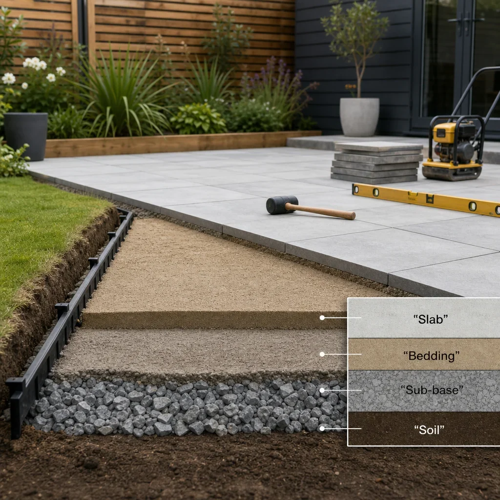 garden paving inspiration: 27 ideas for a beautiful, durable gta garden a layered garden paving installation showing the sub-base and slab build-up.