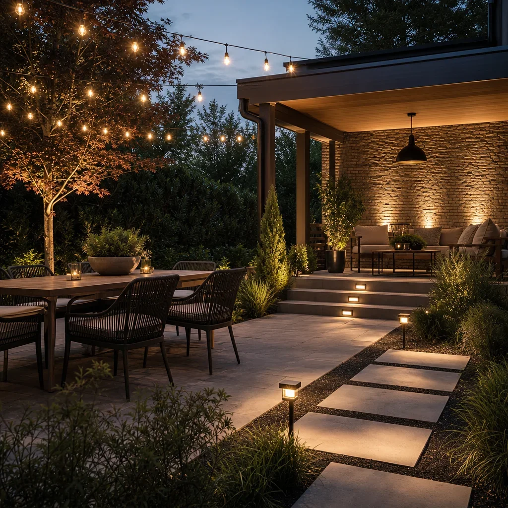 backyard patio lighting ideas: 25 designer setups for gta homes an upscale patio at dusk with layered lighting including string lights, pendants, step lights, wall washing, path lights, and uplighting.