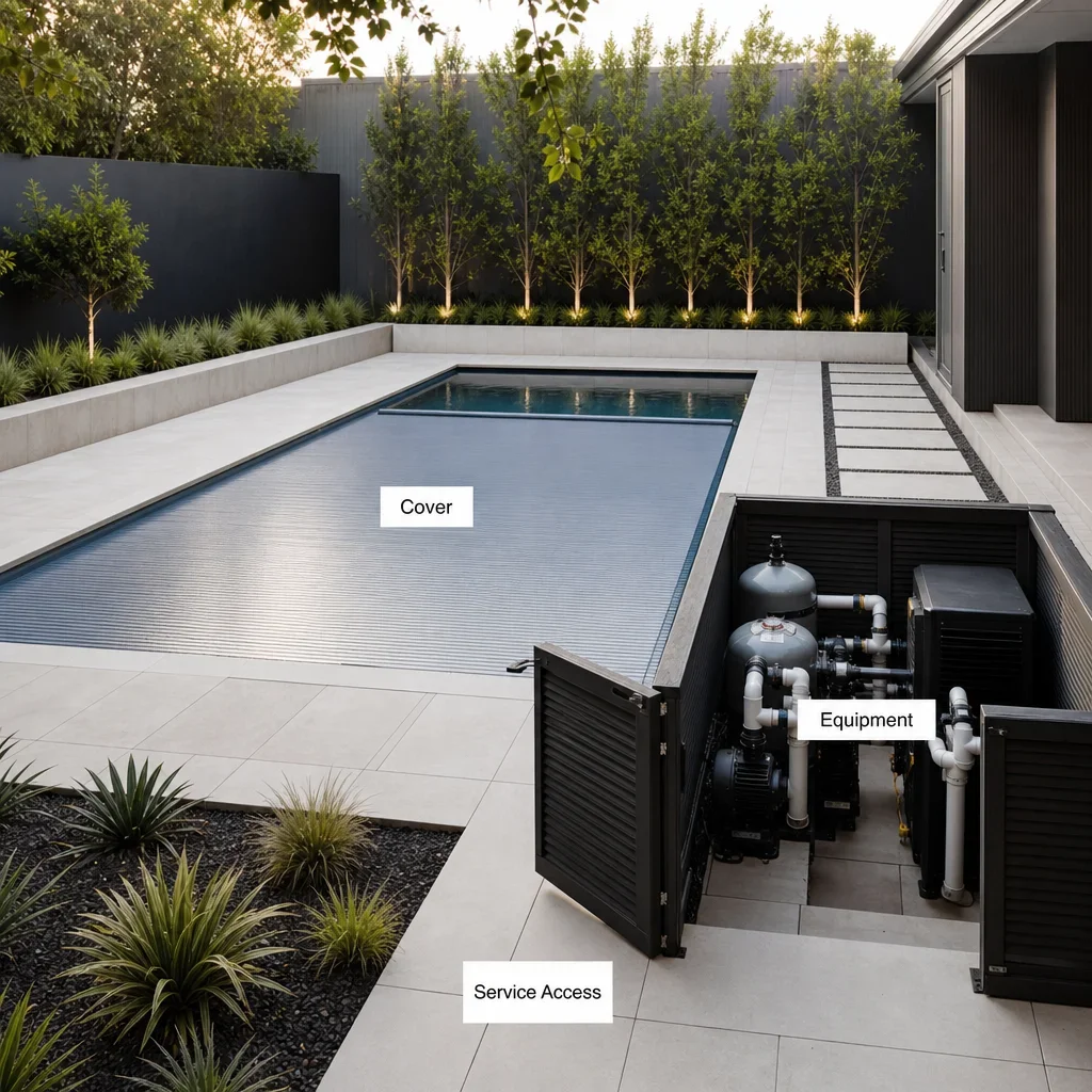 pool designs for small backyards: ideas, layouts & gta planning guide a low-maintenance pool design with a cover, screened equipment, and simple hardscape.