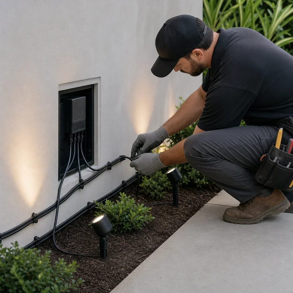 backyard patio lighting ideas: 25 designer setups for gta homes an installer working on low-voltage patio lighting wiring and transformer placement.