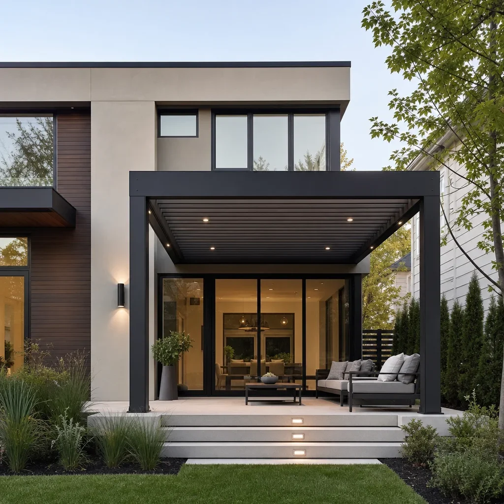 front yard pergola ideas: best designs for porches, entries & small yards a minimalist modern pergola matching a contemporary house facade.