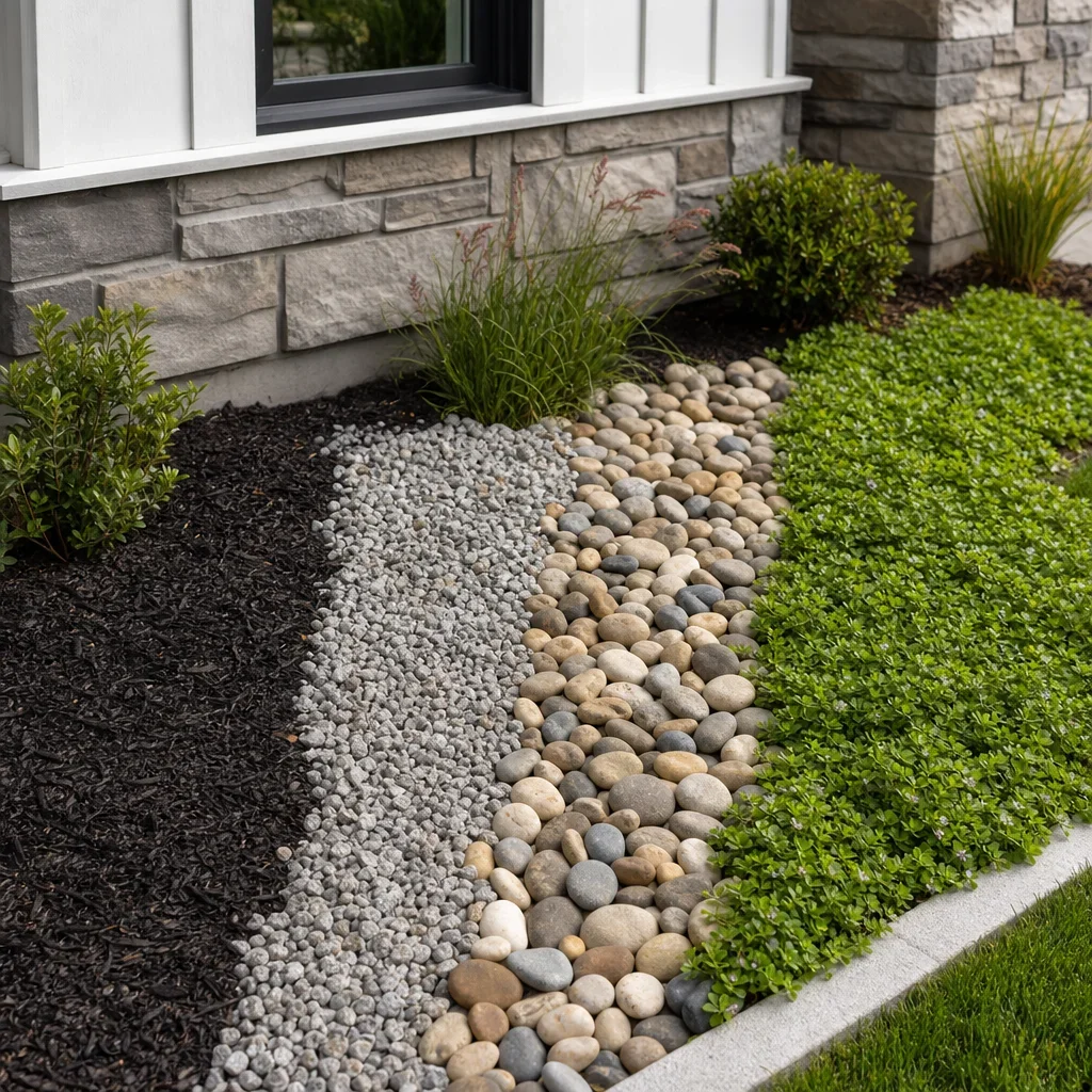 house border landscaping: best ideas, edging & layout guide a side-by-side comparison of mulch, gravel, river rock, and ground cover near a house.