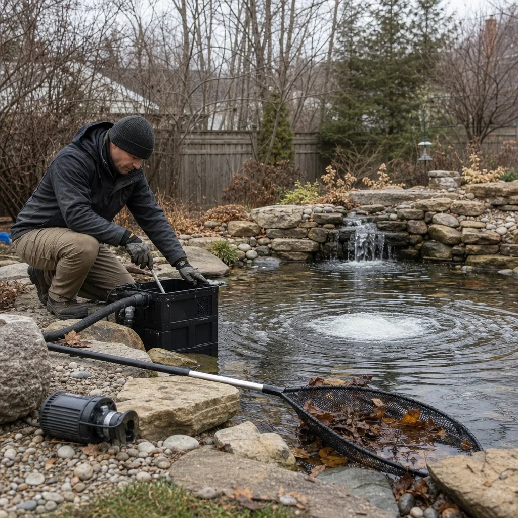 backyard fish pond design: depth, filtration, costs & gta planning a technician winterizing a backyard fish pond in an ontario yard.