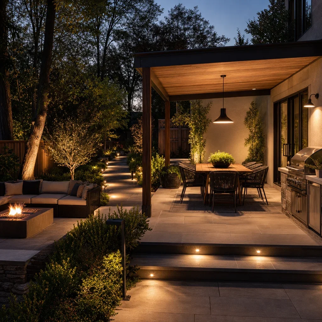 backyard patio lighting ideas: 25 designer setups for gta homes a backyard patio showing practical lighting placement for dining, lounging, grilling, paths, and steps.