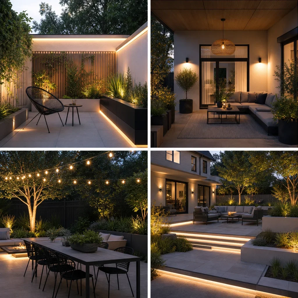 backyard patio lighting ideas: 25 designer setups for gta homes a four-part composition showing small, covered, open, and multi-level patio lighting layouts.