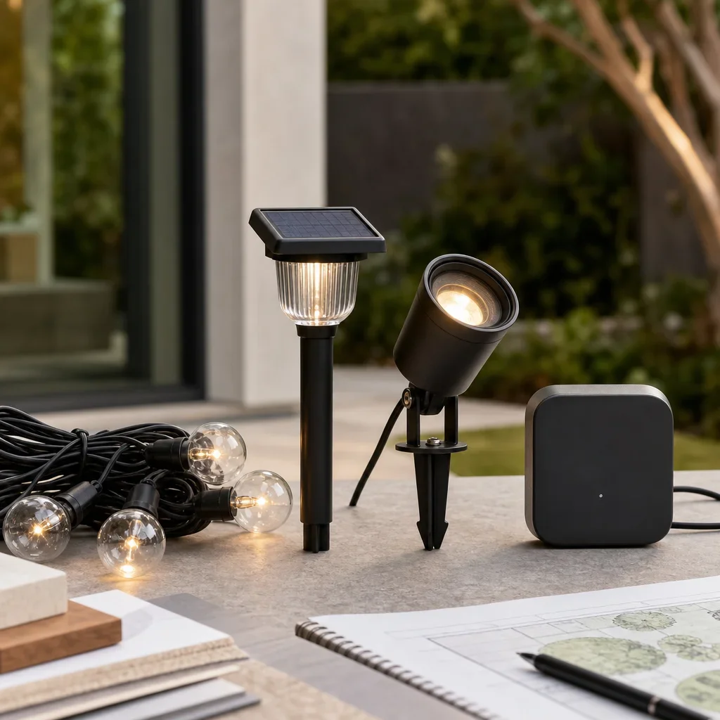backyard patio lighting ideas: 25 designer setups for gta homes a comparison still life of string lights, solar lighting, low-voltage fixtures, and a smart controller.