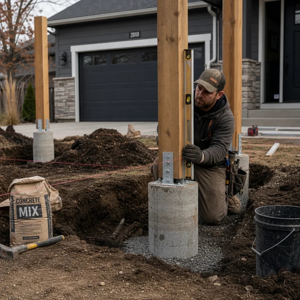 front yard pergola ideas: best designs for porches, entries & small yards a pergola footing installation with concrete anchors and construction tools.