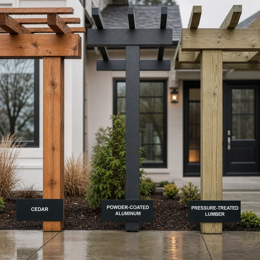 front yard pergola ideas: best designs for porches, entries & small yards close-up comparison of pergola materials including cedar, aluminum, and pressure-treated lumber.