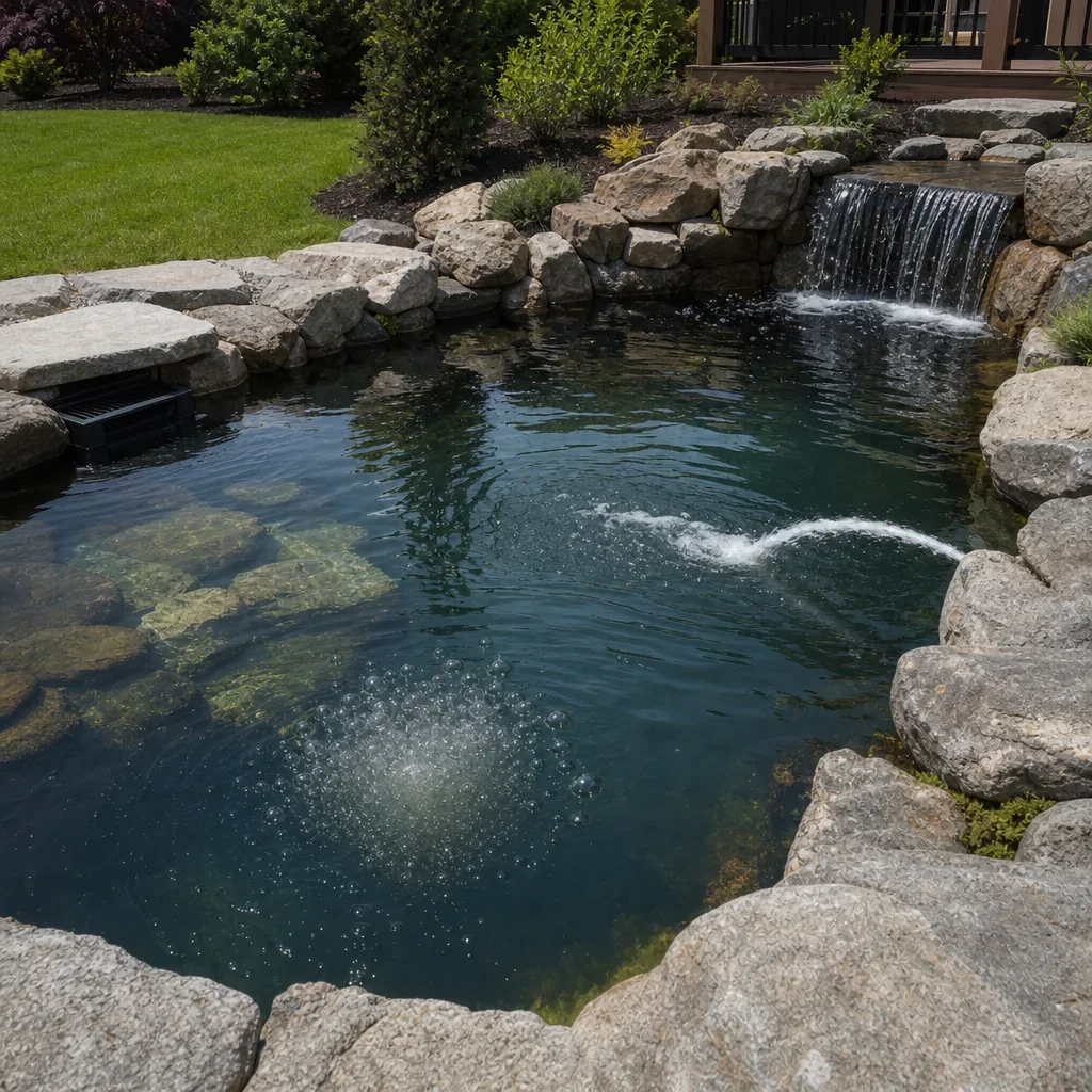 backyard fish pond design: depth, filtration, costs & gta planning a pond with a waterfall, skimmer, return jet, and aeration working together.