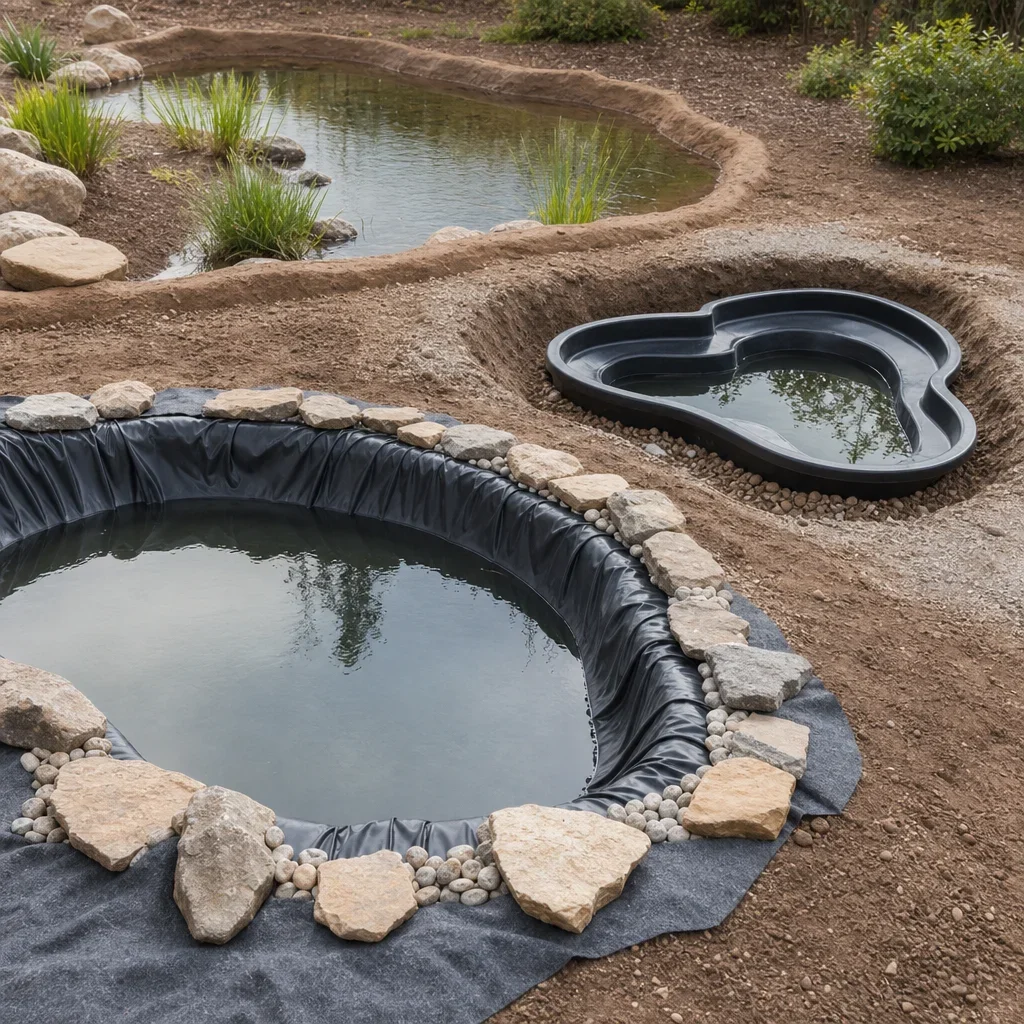 backyard fish pond design: depth, filtration, costs & gta planning a visual comparison of flexible liner, preformed shell, and natural clay pond construction.