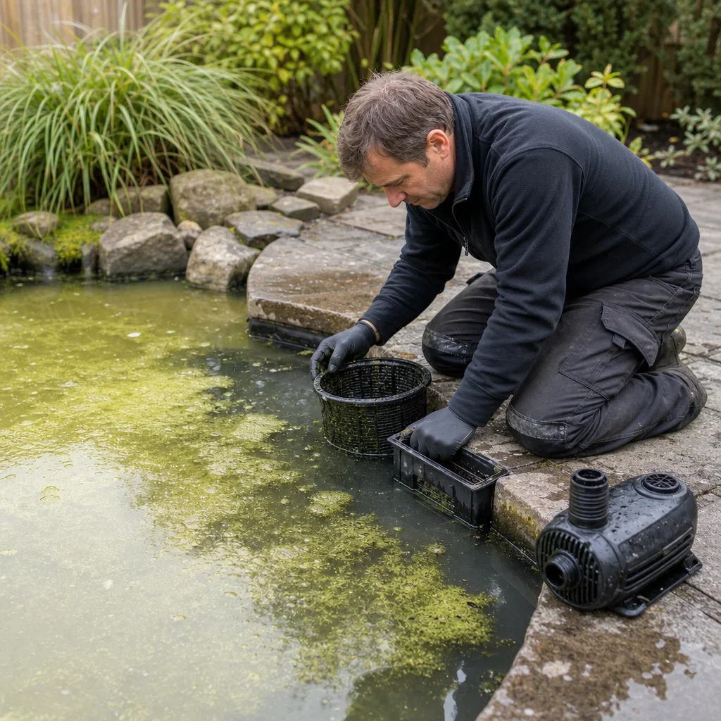 backyard fish pond design: depth, filtration, costs & gta planning a technician checking a pond for cloudy water, algae, leaks, and pump issues.
