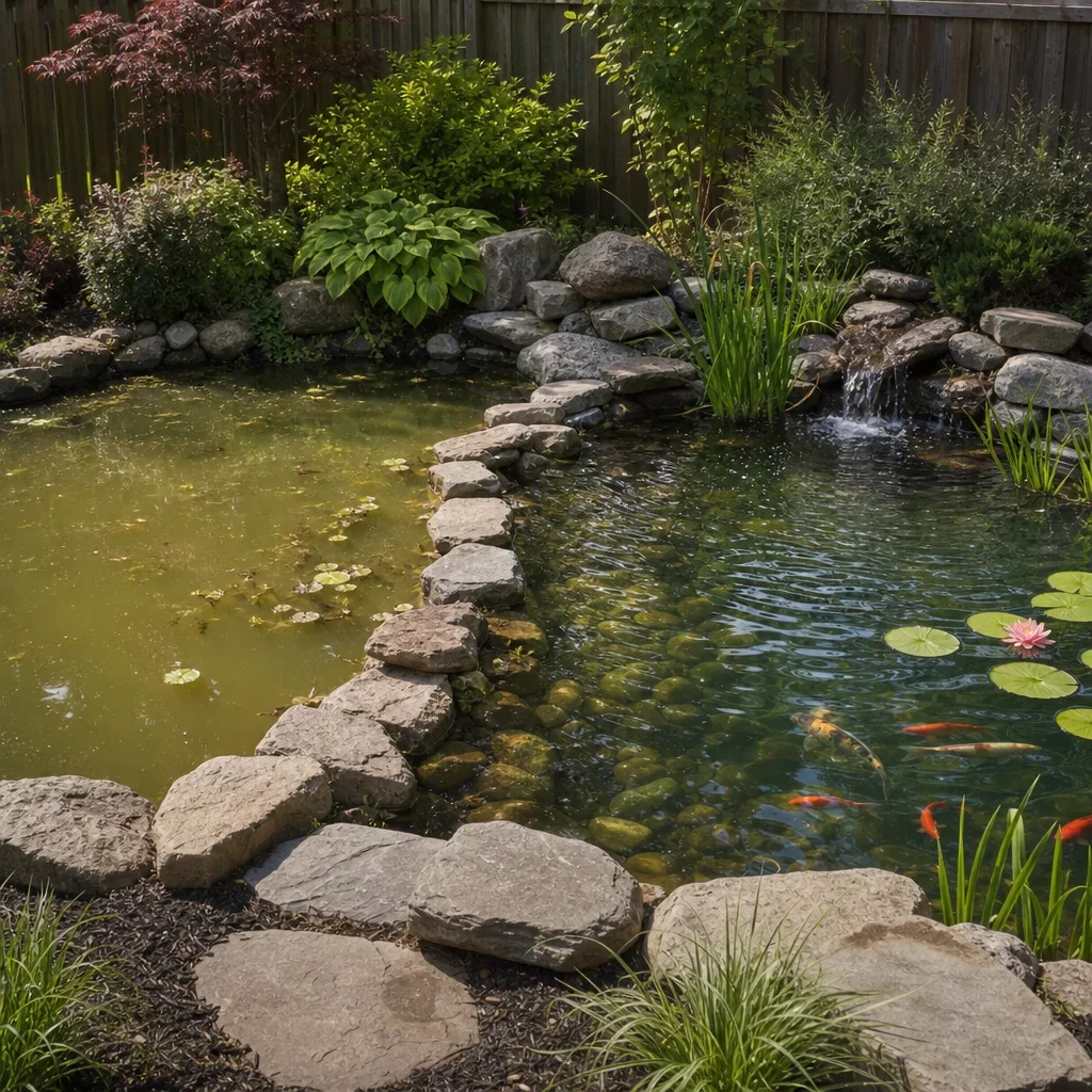 backyard fish pond design: depth, filtration, costs & gta planning a comparison between a stagnant pond and a pond with circulation and filtration.