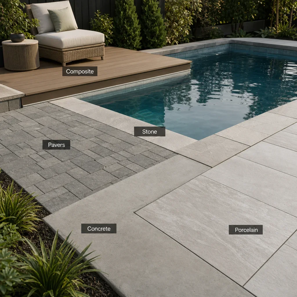 pool designs for small backyards: ideas, layouts & gta planning guide a pool patio showing different material options around a small backyard pool.