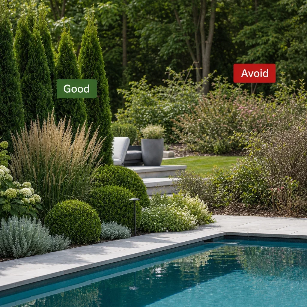 pool designs for small backyards: ideas, layouts & gta planning guide poolside planting showing good plants to use and problematic plants to avoid.