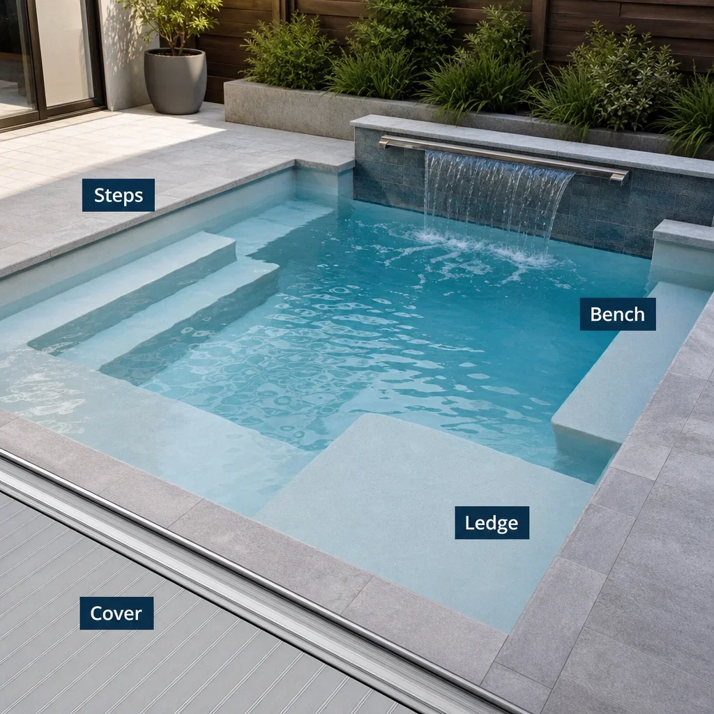pool designs for small backyards: ideas, layouts & gta planning guide a small pool with practical features like steps, a bench, a ledge, and a cover.