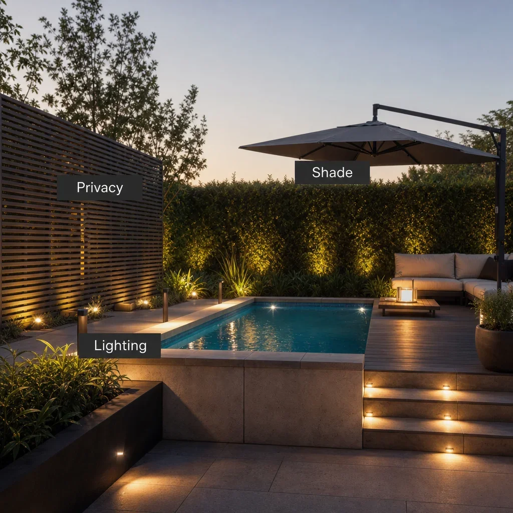 pool designs for small backyards: ideas, layouts & gta planning guide a small pool area showing layered privacy, shade, and lighting features.