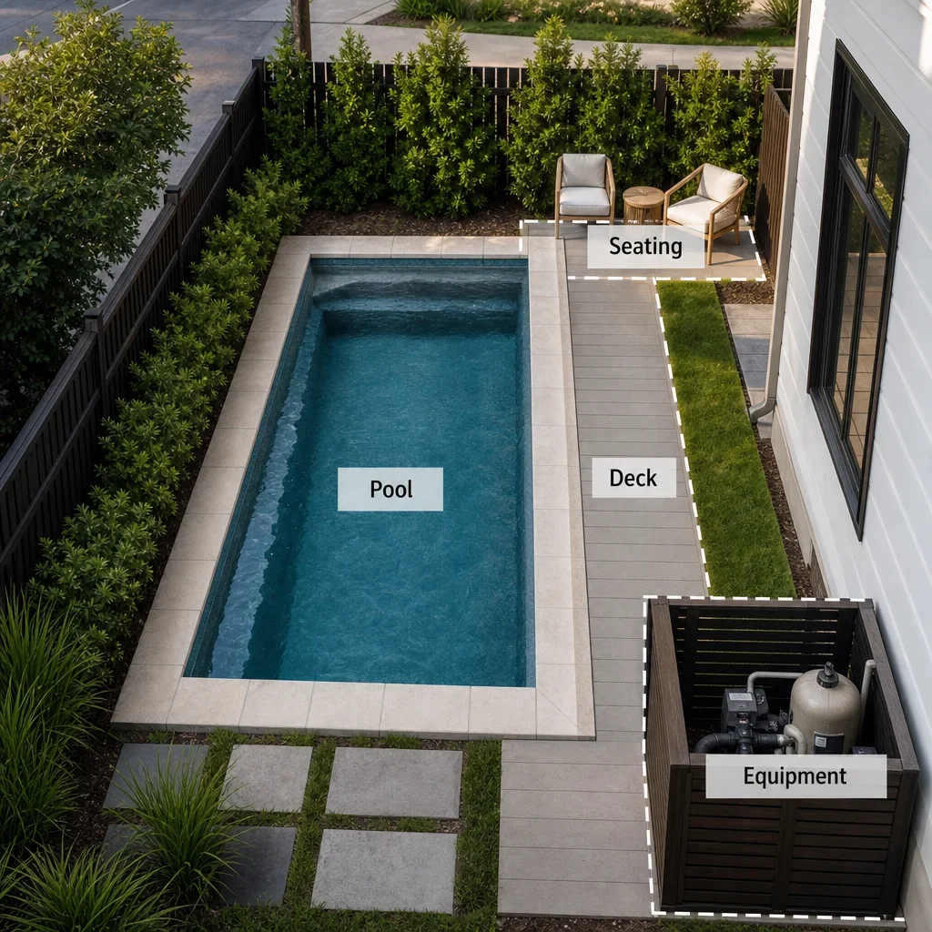 pool designs for small backyards: ideas, layouts & gta planning guide a compact pool layout showing the pool, deck, seating, and equipment space.