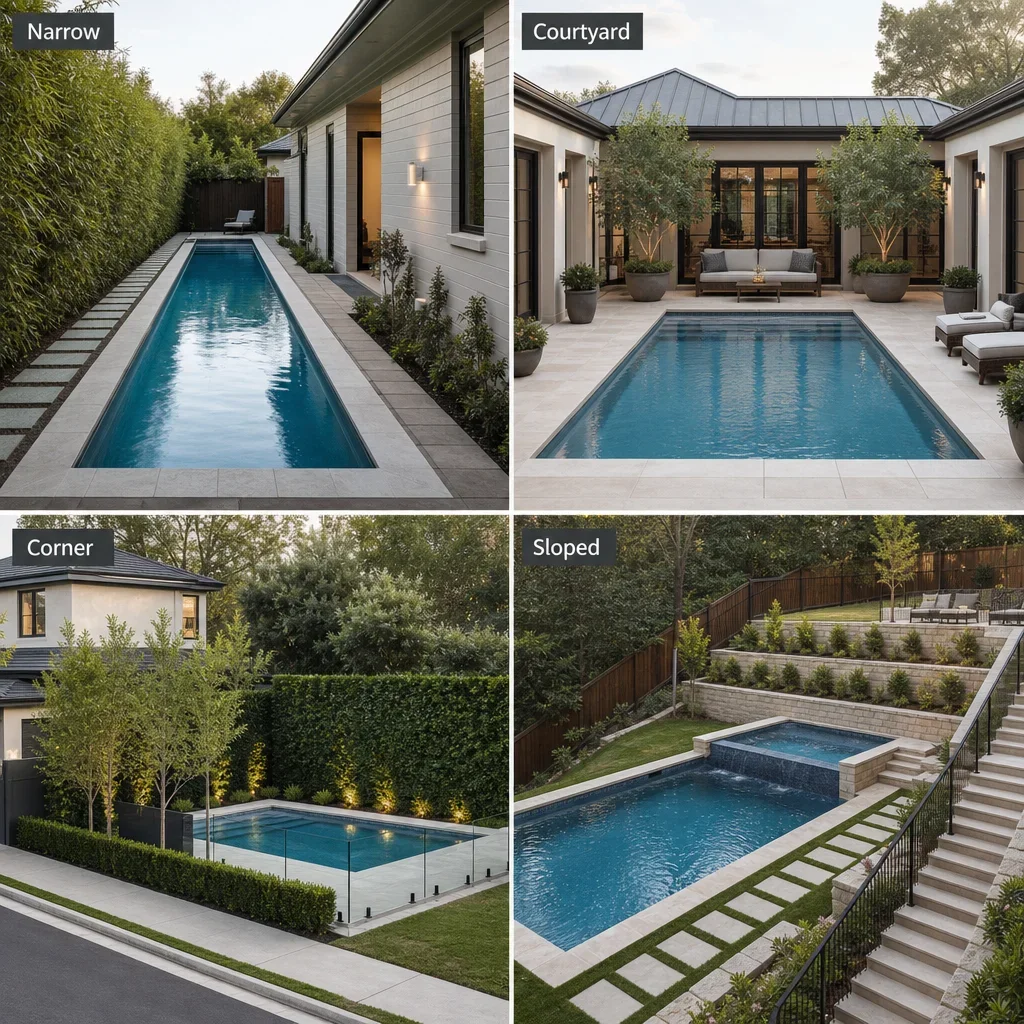 pool designs for small backyards: ideas, layouts & gta planning guide four practical backyard pool layout ideas for narrow, courtyard, corner, and sloped lots.