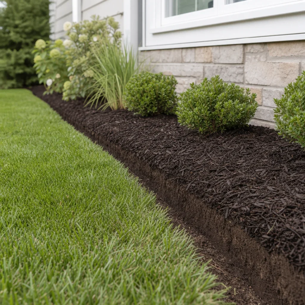 house border landscaping: best ideas, edging & layout guide close-up of a clean lawn edge beside a mulched foundation bed.