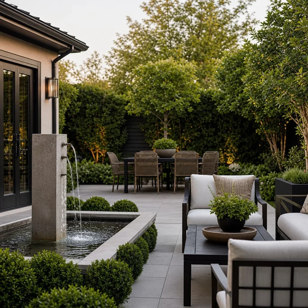 water feature ideas for front yards and backyard fountains a backyard fountain beside a patio seating area with privacy planting.