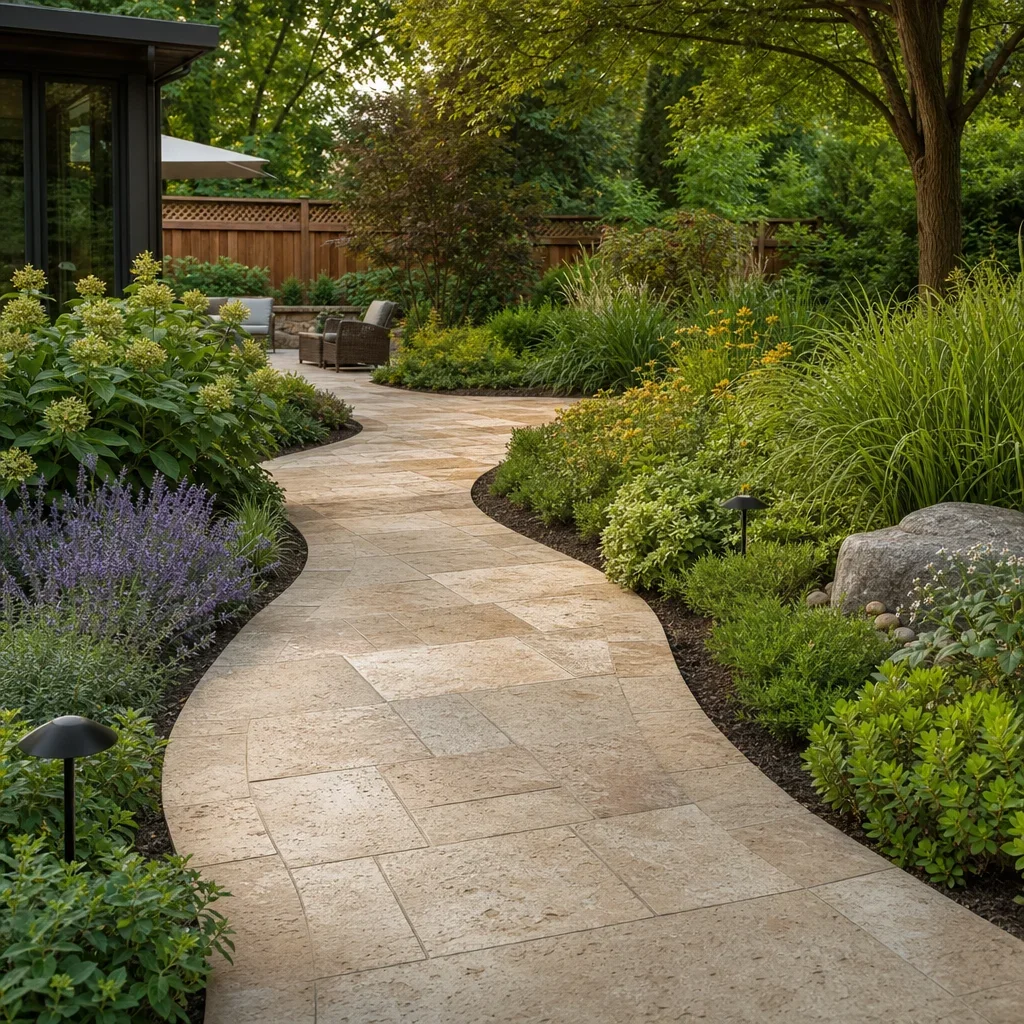 21 travertine walkway ideas for elegant, freeze-thaw ready outdoor paths a curved travertine garden path through layered planting beds.