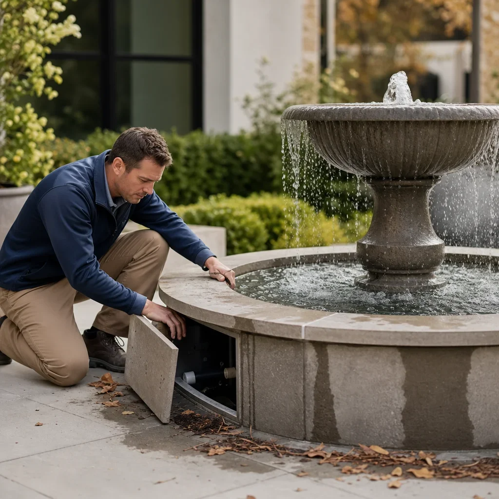 water feature ideas for front yards and backyard fountains a person inspecting a fountain for maintenance issues like debris and water level.