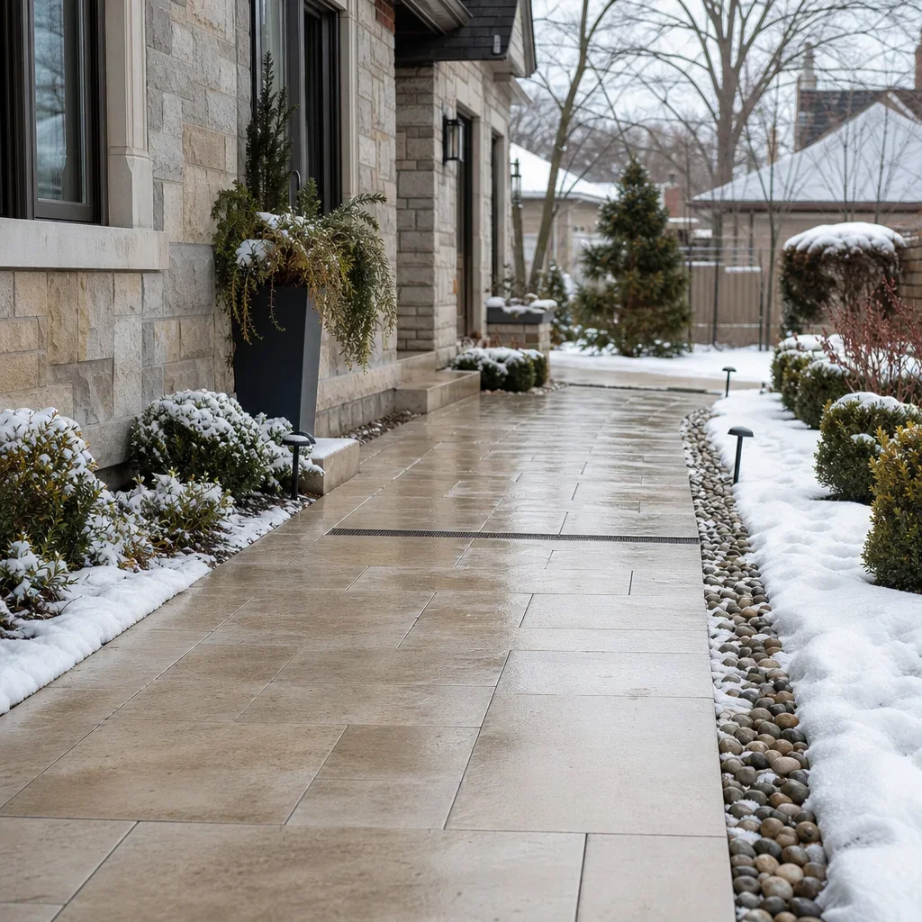 21 travertine walkway ideas for elegant, freeze-thaw ready outdoor paths a travertine walkway in a cold-climate winter setting.