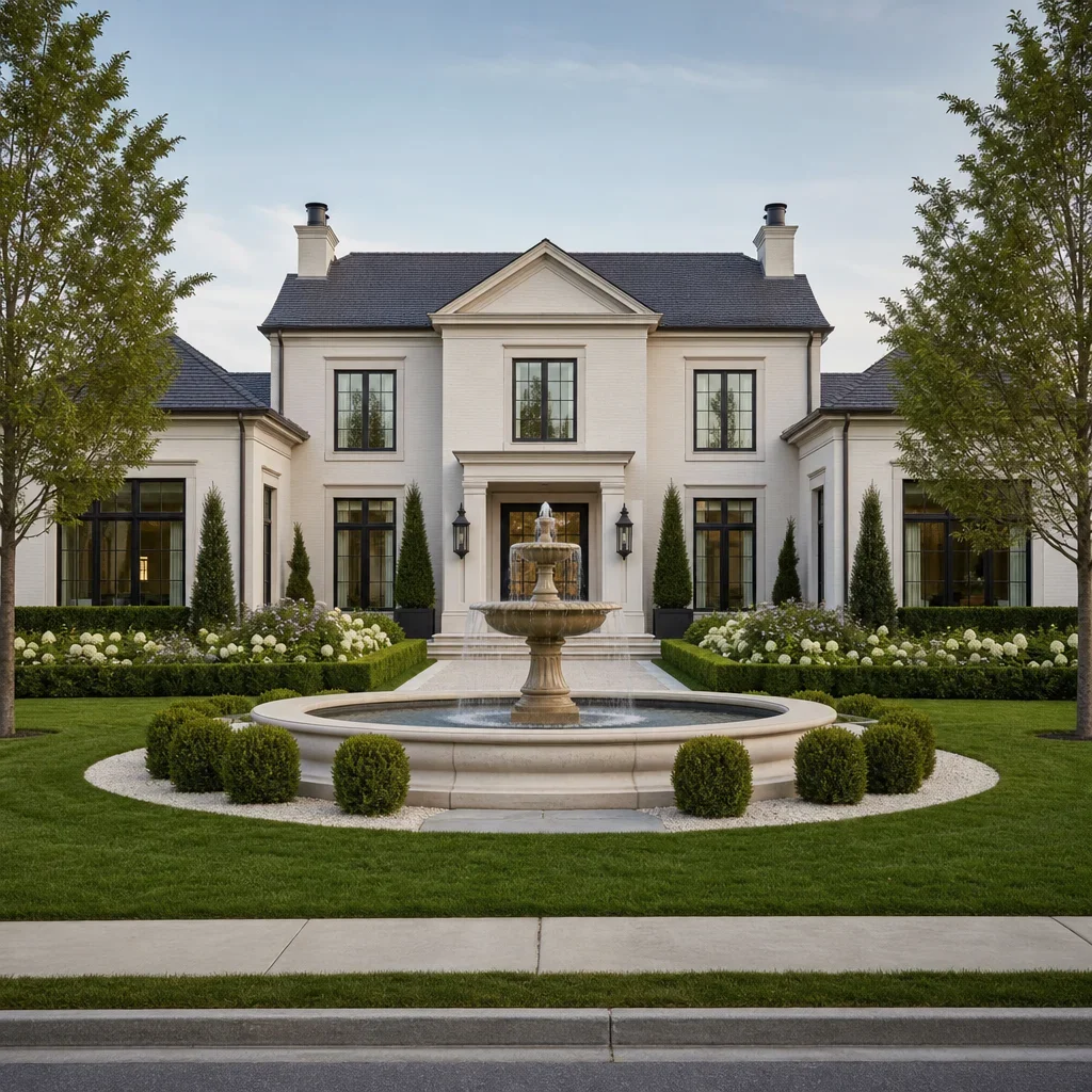 water feature ideas for front yards and backyard fountains a formal front-yard fountain centered on the entry axis of a home.