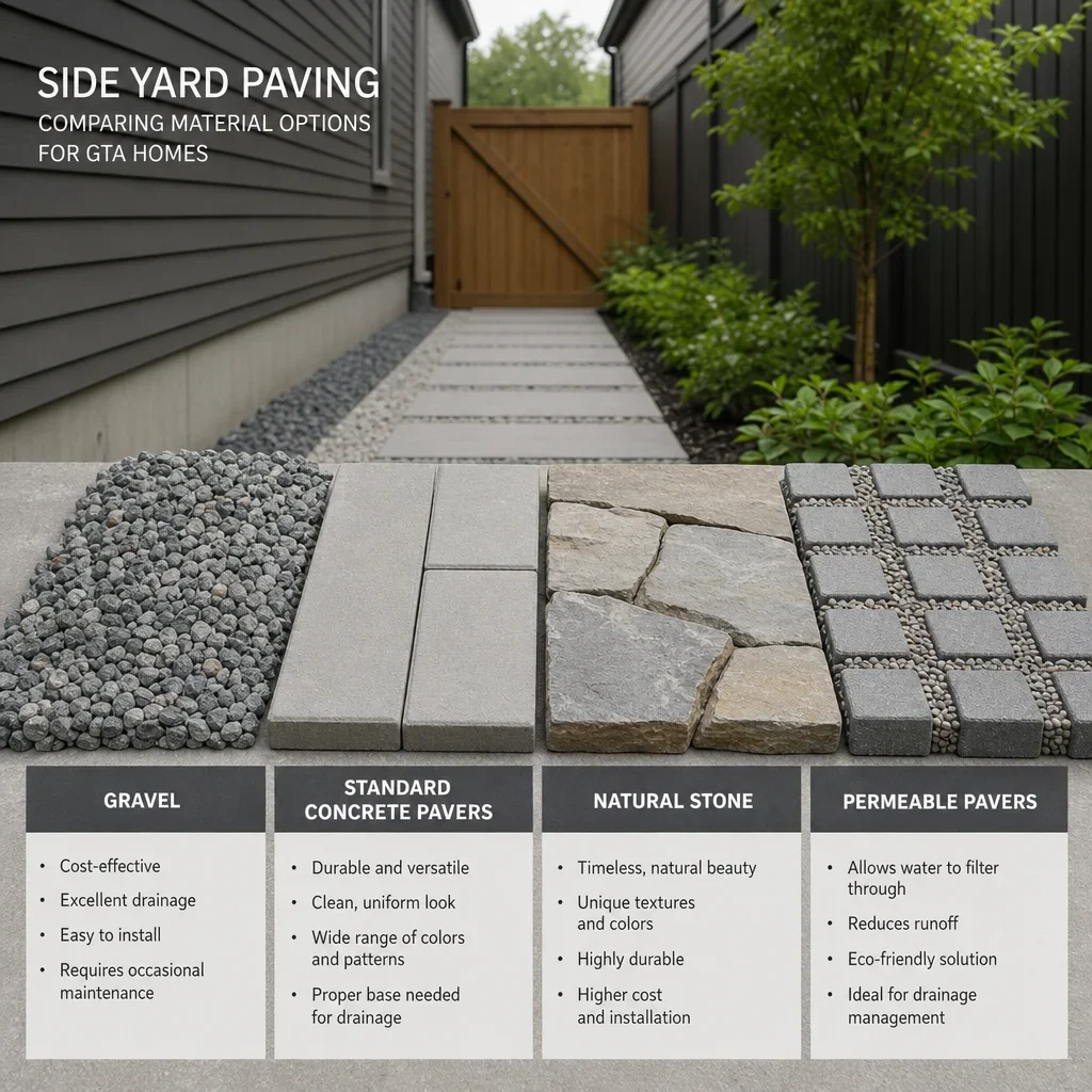 15 side yard paving ideas for gta homes: narrow, low-maintenance & budget-friendly a comparison of common side yard paving materials laid out for evaluation.