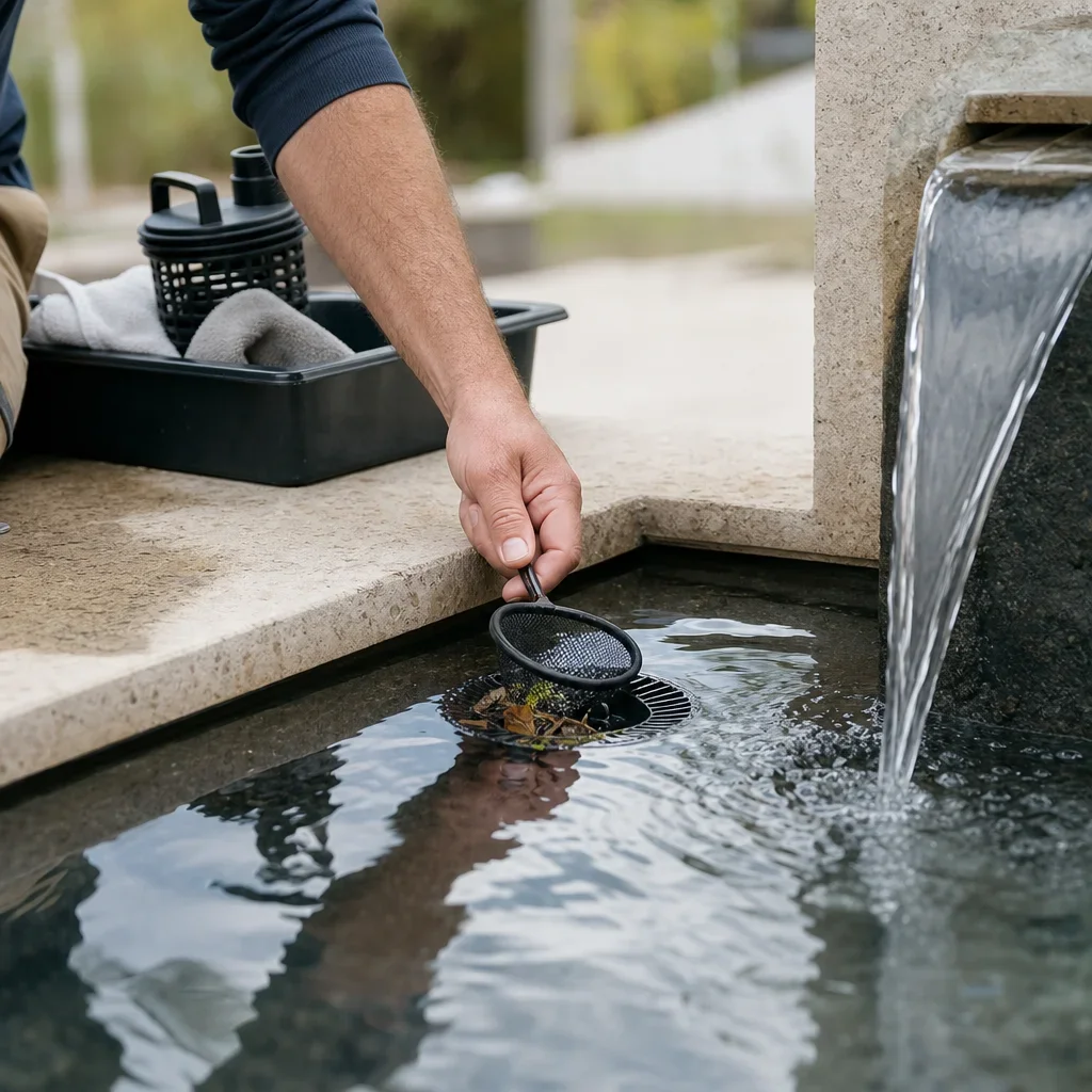 water feature ideas for front yards and backyard fountains a close-up of fountain maintenance with clear water and debris being removed.