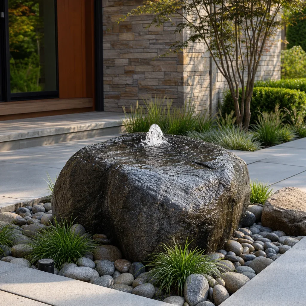 water feature ideas for front yards and backyard fountains a low-maintenance pondless bubbling boulder in a clean residential landscape.