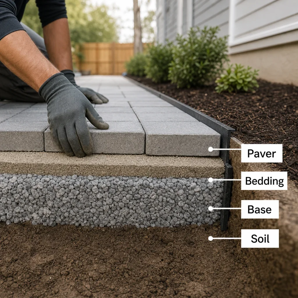 15 side yard paving ideas for gta homes: narrow, low-maintenance & budget-friendly a cross-section showing the proper layers under side yard pavers.