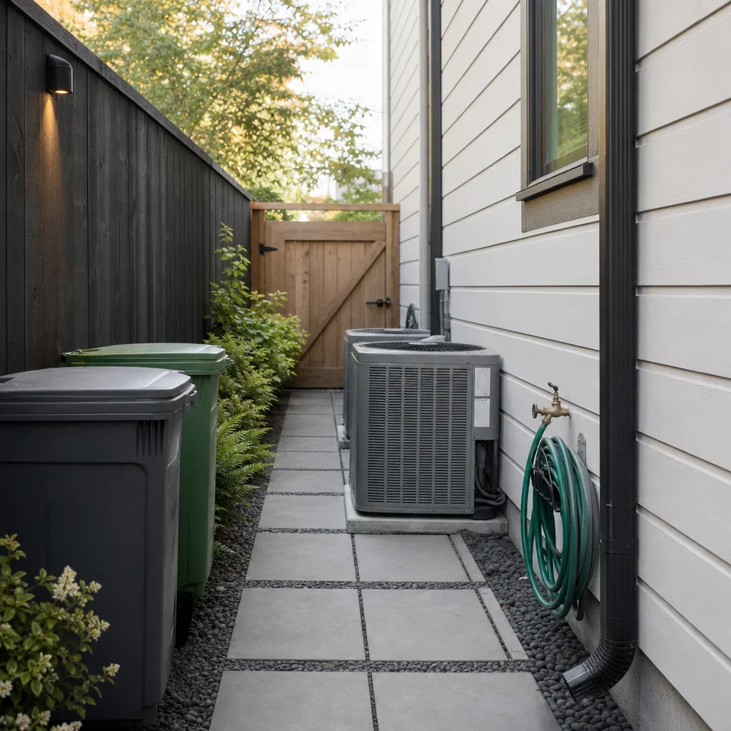15 side yard paving ideas for gta homes: narrow, low-maintenance & budget-friendly a tidy side yard service corridor with bins, gate, and utility access.