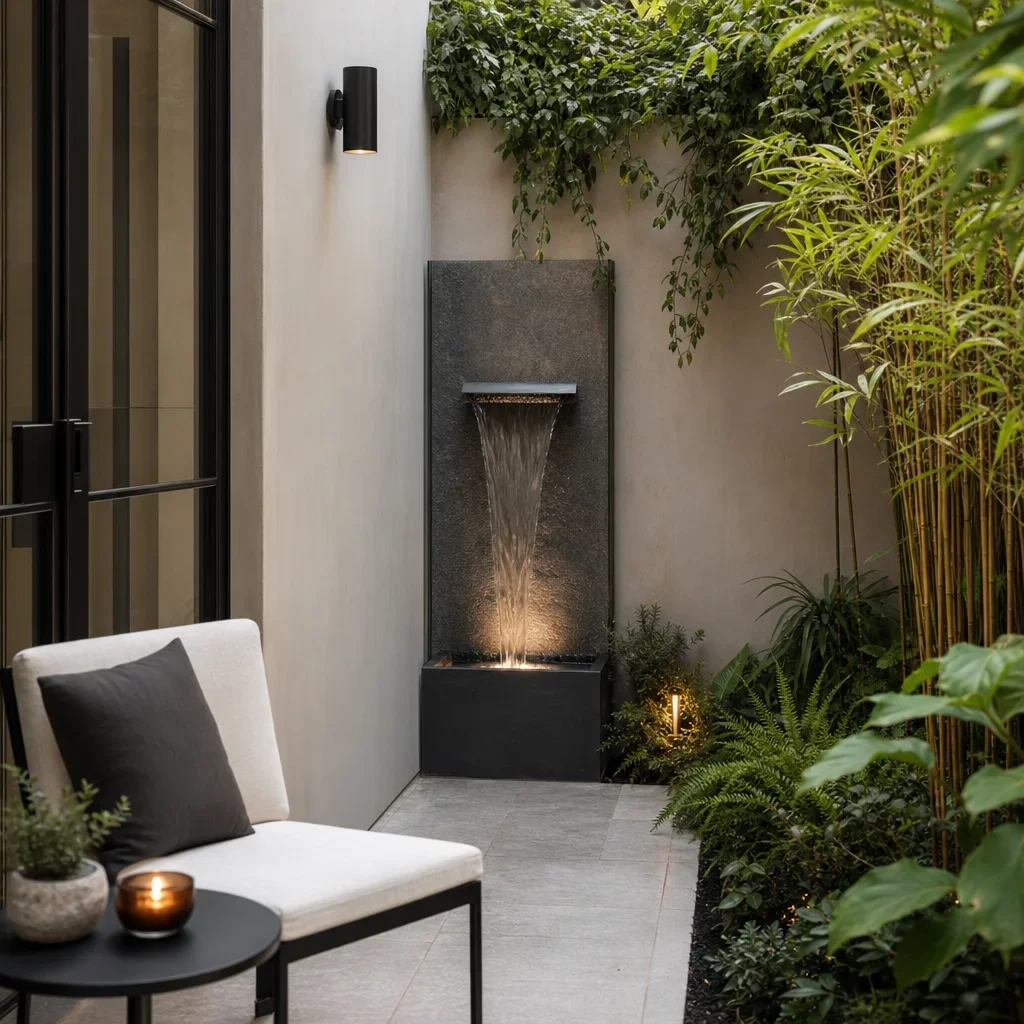 water feature ideas for front yards and backyard fountains a compact courtyard with a slim wall fountain that fits a small space.