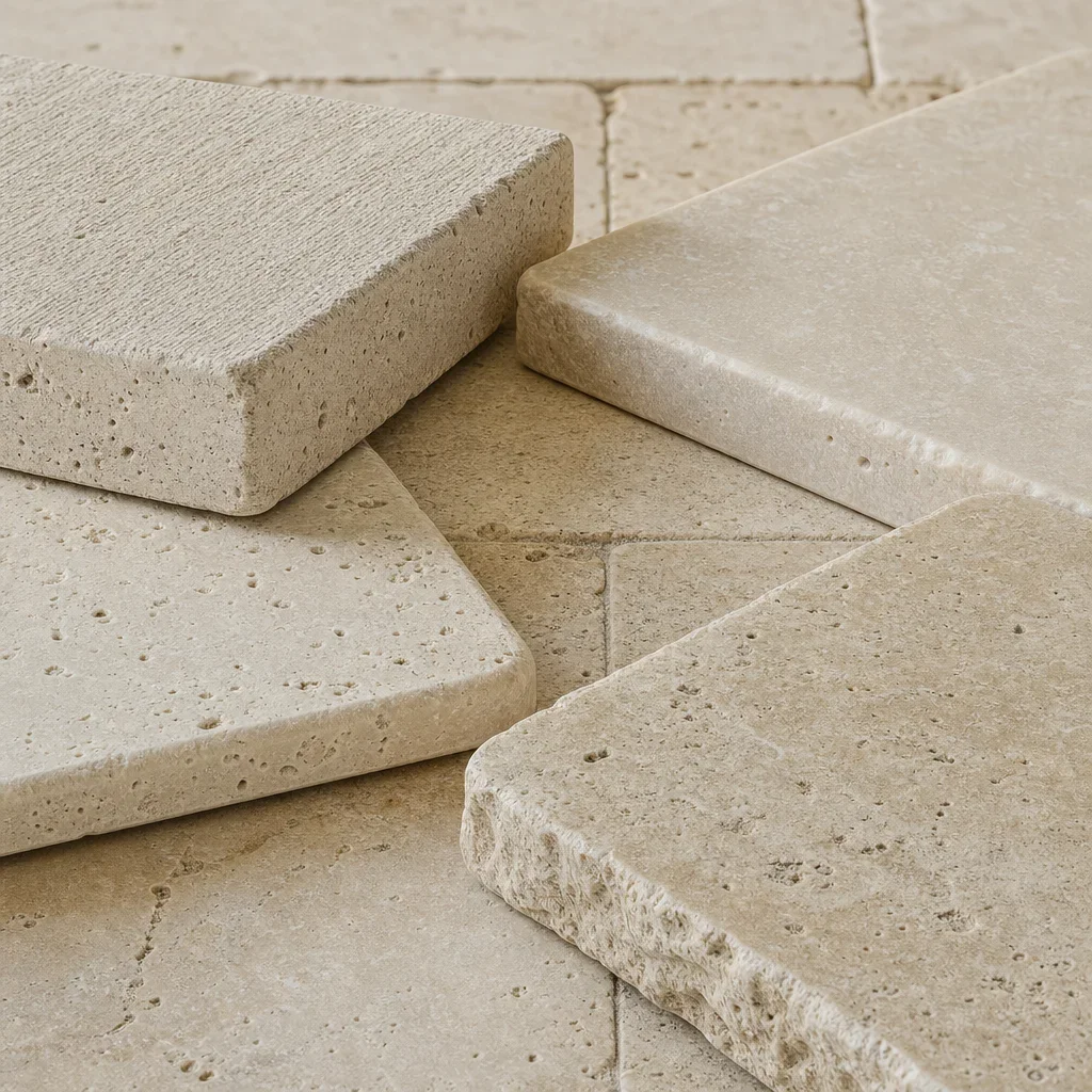 21 travertine walkway ideas for elegant, freeze-thaw ready outdoor paths close-up of travertine pavers with different finishes and colors.