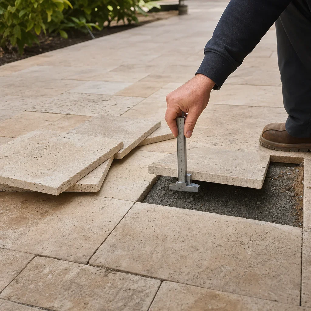 21 travertine walkway ideas for elegant, freeze-thaw ready outdoor paths an inspection scene showing travertine quality checks and repairability.