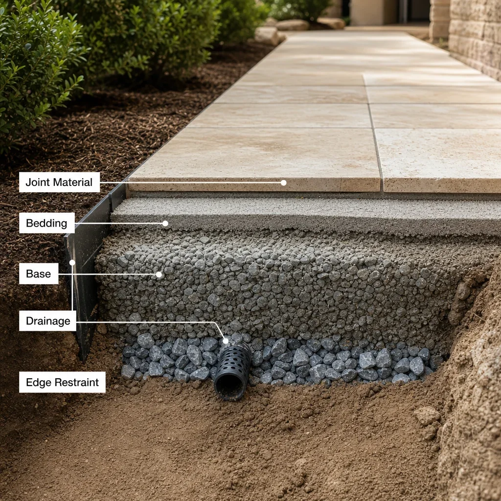 21 travertine walkway ideas for elegant, freeze-thaw ready outdoor paths a cutaway view of travertine walkway base layers and drainage.